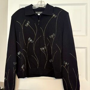 St. John Black Bomber Jacket with Butterfly Accents